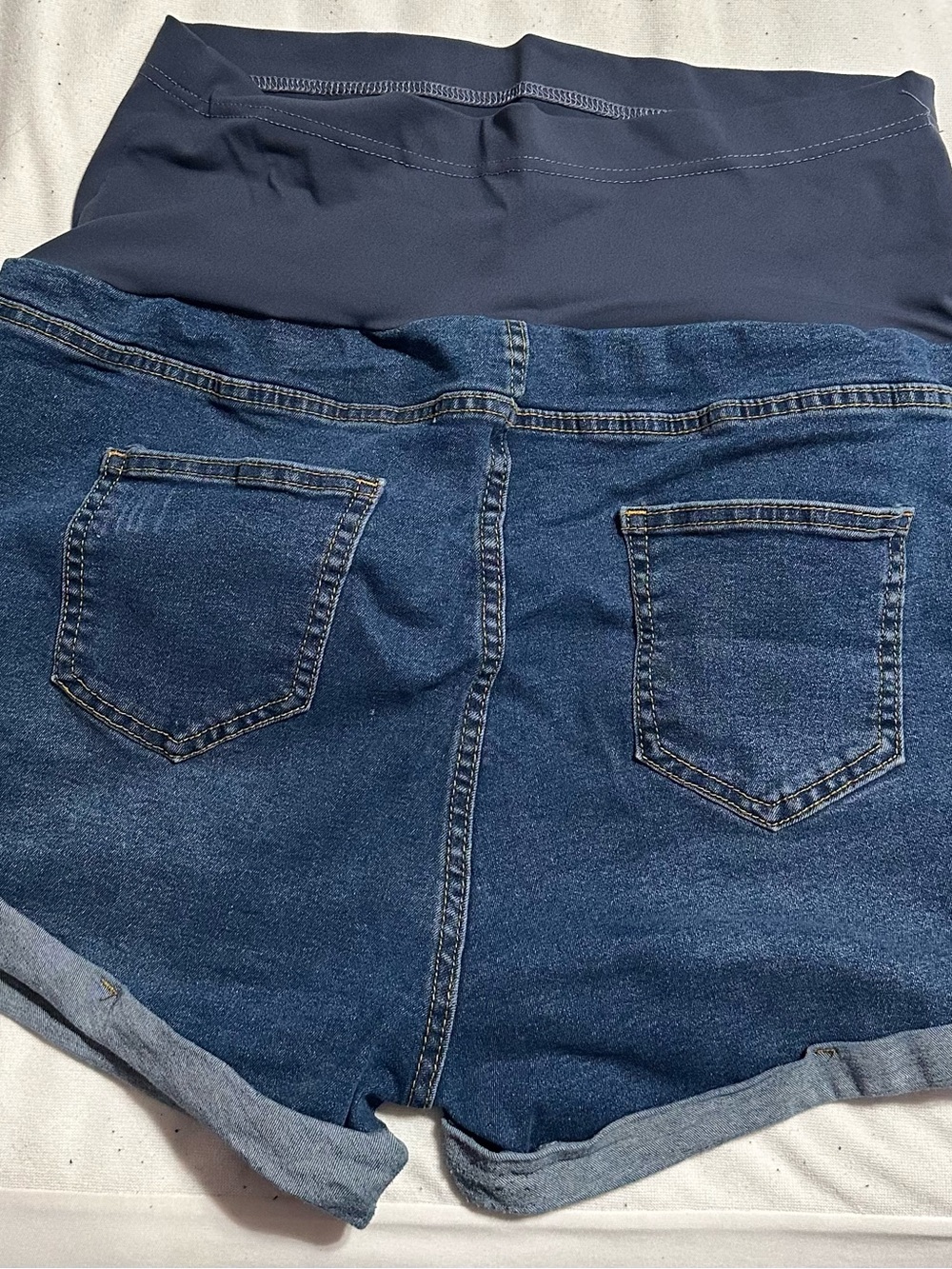Maternity Dark Blue Denim Jean Shorts with Navy Support Panel